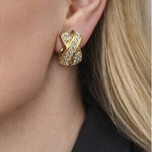 Christian Dior Vintage Gold Crystal Clip Earrings Signed Designer Statement